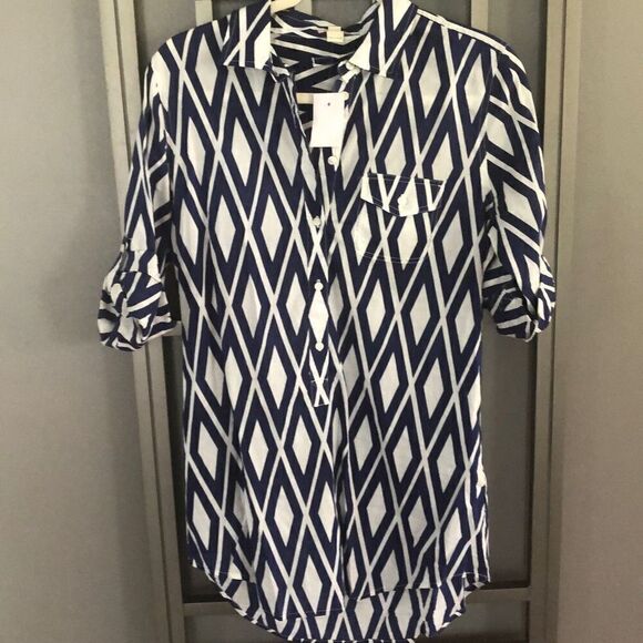 NWT J.Crew Navy and white diamond print half Button-down tunic, top size small ￼ - Picture 1 of 6